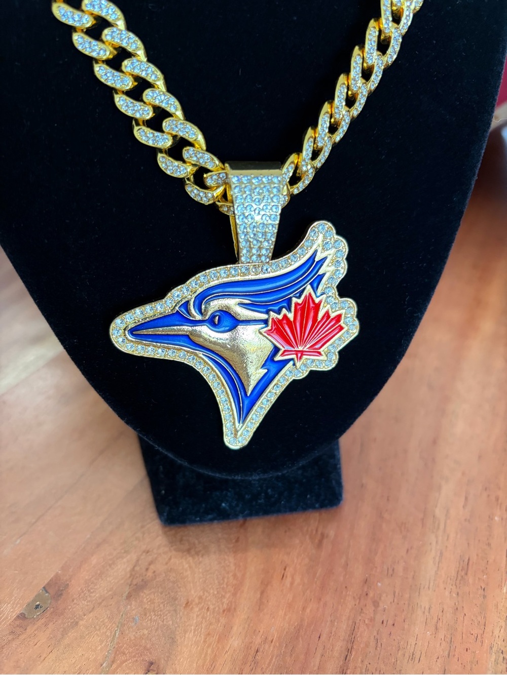 Gold Toronto Blue Jay Pendant Necklace with Red Maple Accent